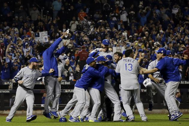 The Kansas City Royals celebrate after Game 5 of the Major League Baseball World Series against the New York Mets Monday, Nov. 2, 2015, in New York. The Royals won 7-2 to win the series. (AP Photo/David J. Phillip)