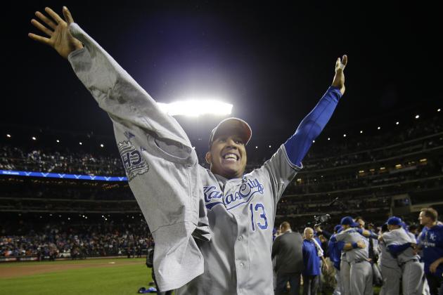 Kansas City Royals catcher Salvador Perez celebrates after being named the MVP after Game 5 of the Major League Baseball World Series against the New York Mets Monday, Nov. 2, 2015, in New York. The Royals won 7-2 to win the series. (AP Photo/Matt Slocum)