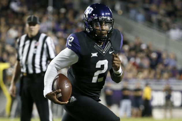 TCU quarterback Trevone Boykin (2) carries the ball against West Virginia during an NCAA college football game Thursday, Oct. 29, 2015, in Fort Worth, Texas. (AP Photo/Tony Gutierrez)