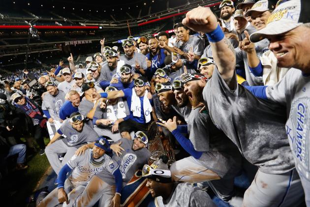 NEW YORK, NY - NOVEMBER 01:  The Kansas City Royals celebrate defeating the New York Mets to win Game Five of the 2015 World Series at Citi Field on November 1, 2015 in the Flushing neighborhood of the Queens borough of New York City. The Kansas City Royals defeated the New York Mets with a score of 7 to 2 to win the World Series.  (Photo by Sean M. Haffey/Getty Images)
