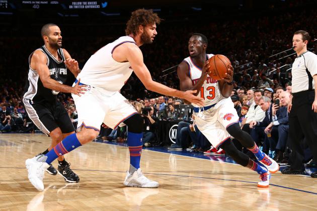 NEW YORK, NY - NOVEMBER 2: Jerian Grant #13 of the New York Knicks drives to the basket against the San Antonio Spurs during the game on November 2, 2015 at Madison Square Garden in New York, New York. NOTE TO USER: User expressly acknowledges and agrees that, by downloading and or using this Photograph, user is consenting to the terms and conditions of the Getty Images License Agreement. Mandatory Copyright Notice: Copyright 2015 NBAE (Photo by Nathaniel S. Butler /NBAE via Getty Images)