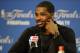 Jun 9, 2015; Cleveland, OH, USA; Cleveland Cavaliers center Tristan Thompson addresses the media after game three of the NBA Finals against the Golden State Warriors at Quicken Loans Arena. Cleveland won 96-91. Mandatory Credit: David Richard-USA TODAY Sports