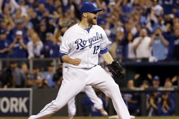 Kansas City Royals relief pitcher Wade Davis celebrates their 4-3 win against the Toronto Blue Jays in Game 6 of baseball's American League Championship Series on Friday, Oct. 23, 2015, in Kansas City, Mo. (AP Photo/Matt Slocum)