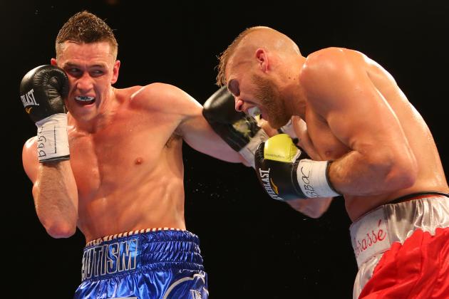 LIVERPOOL, ENGLAND - JUNE 26: Callum Smith, left, and Christopher Rebrasse during their WBC Silver Super Middleweight Championship contest at the Echo Arena on June 26, 2015 in Liverpool, England. (Photo by Dave Thompson/Getty Images)
