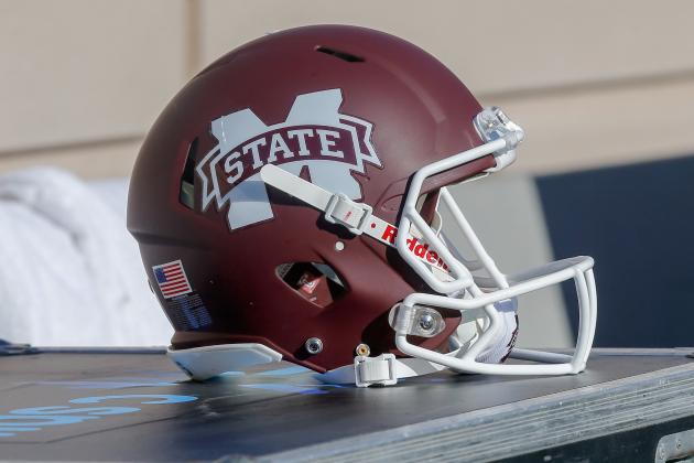 A Mississippi State helmet sits on an equipment case before an NCAA college football game Saturday, Oct. 3, 2015, in College Station, Texas. Texas A&M won 30-17. (AP Photo/Bob Levey)