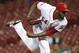 Cincinnati Reds relief pitcher Aroldis Chapman throws in the ninth inning of a baseball game against the Chicago Cubs, Wednesday, Sept. 30, 2015, in Cincinnati. The Cubs won 4-1. (AP Photo/John Minchillo)
