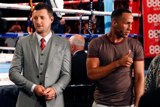 LIVERPOOL, ENGLAND - JULY 12: Boxers Carl Froch (L) and James DeGale are seen ring side as they wait for a television interview during the Collision Course fight night at the Liverpool Echo Arena on July 12, 2014 in Liverpool, England. (Photo by Paul Thomas/Getty Images)