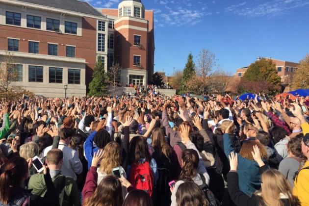 Students gathered on Carnahan Quad on the University of Missouri campus Monday to call for president Tim Wolfe's resignation.