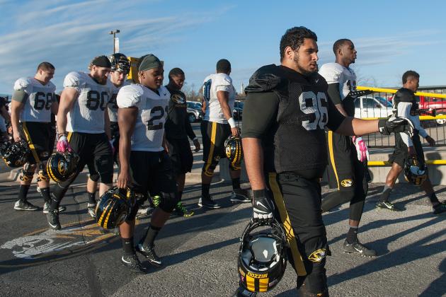 COLUMBIA, MO - NOVEMBER 10: Members of the University of Missouri Tigers football team return to practice at Memorial Stadium at Faurot Field on November 10, 2015 in Columbia, Missouri. The university looks to get things back to normal after the recent protests on campus that lead to the resignation of the school's President and Chancellor on November 9. (Photo by Michael B. Thomas/Getty Images)