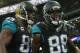 Jacksonville Jaguars wide receiver Allen Hurns (88), right, celebrates after catching the ball for a touchdown during the NFL game between Buffalo Bills and Jacksonville Jaguars at Wembley Stadium in London, Sunday, Oct. 25, 2015. (AP Photo/Tim Ireland)