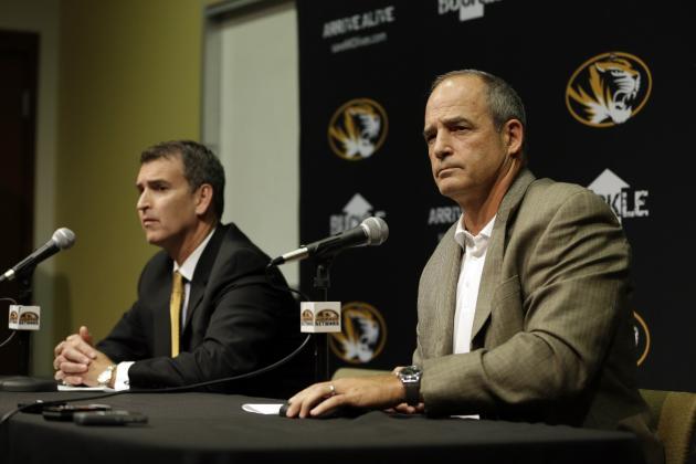 Missouri Athletics Director Mack Rhoades, left, and head football coach Gary Pinkel address the media Monday, Nov. 9, 2015, in Columbia, Mo. Football will resume at Missouri following the resignation of University of Missouri system president Tim Wolfe after several members of the team, pointing to Wolfe’s inaction in handling of racial tensions at the school, announced over the weekend that they would not play until the president was gone. (AP Photo/Jeff Roberson)