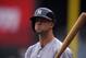 New York Yankees' Brett Gardner prepares to bat during the first inning of a baseball game against the Los Angeles Angels, Wednesday, July 1, 2015, in Anaheim, Calif. (AP Photo/Mark J. Terrill)