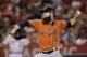 Houston Astros starting pitcher Dallas Keuchel throws against the Los Angeles Angels during the fourth inning of a baseball game, Friday, Sept. 11, 2015, in Anaheim, Calif. (AP Photo/Jae C. Hong)