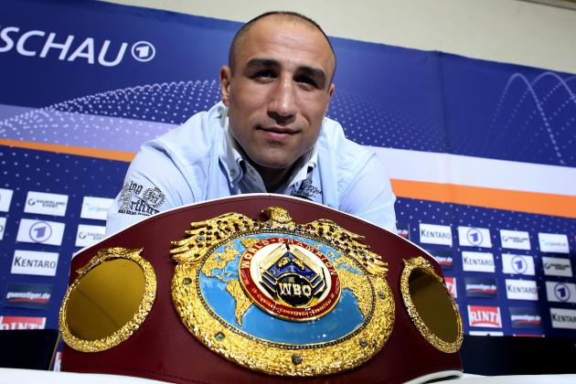 Armenian-German super middleweight boxer Arthur Abraham attends a press conference on March 18, 2013 in Magdeburg, eastern Germany. Abraham will defend his WBO World Championship Super Middleweight title against German Robert Stieglitz on March 23, 2013 in Magdeburg. AFP PHOTO / RONNY HARTMANN (Photo credit should read RONNY HARTMANN/AFP/Getty Images)
