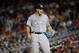 Miami Marlins starting pitcher Jose Fernandez reacts on the mound during a baseball game against the Washington Nationals at Nationals Park, Friday, Sept. 18, 2015, in Washington. (AP Photo/Alex Brandon)