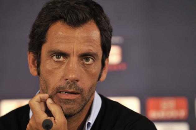 Atletico's head coach Quique Sanchez Flores  gestures during a news conference at the Kleanthis Vikelidis stadium in Thessaloniki, Greece on Wednesday Sept. 15, 2010. Atletico Madrid plays against Aris of Thessaloniki on Thursday in a Europa League match. (AP Photo/Nikolas Giakoumidis)