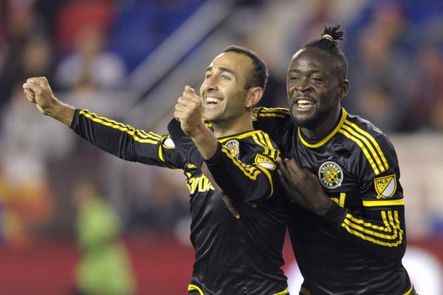 Columbus Crew Justin Meram, left, celebrates with Kei Kamara after Meram scored a goal during the first half of an MLS soccer match against the New York Red Bulls, Saturday, Oct. 3, 2015, in Harrison, N.J. (AP Photo/Bill Kostroun)
