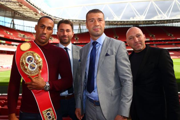 LONDON, ENGLAND - OCTOBER 08: (from L-R) James DeGale, promoter Eddie Hearn, Lucian Bute and promoter Pierre Duc pose for a photo during the press conference ahead of the fight between James DeGale and Lucian Bute at Emirates Stadium on October 8, 2015 in London, England. (Photo by Jordan Mansfield/Getty Images)