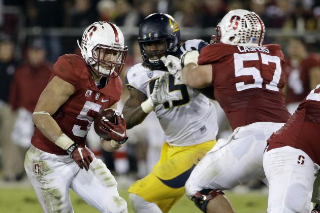 Stanford running back Christian McCaffrey (5) carries against California during the second half of an NCAA college football game Saturday, Nov. 21, 2015, in Stanford, Calif. (AP Photo/Marcio Jose Sanchez)