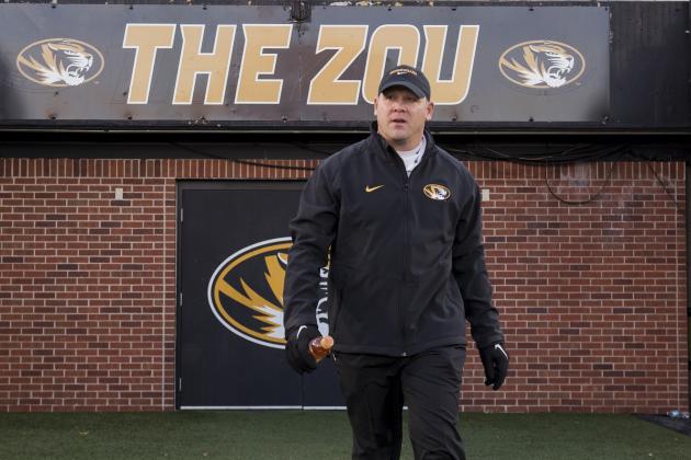 Missouri defensive coordinator Barry Odom walks on the field before the start of their NCAA college football game against Tennessee Saturday, Nov. 21, 2015, in Columbia, Mo. (AP Photo/L.G. Patterson)