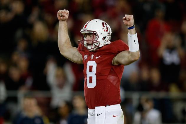 PALO ALTO, CA - NOVEMBER 21:  Kevin Hogan #8 of the Stanford Cardinal celebrates after Remound Wright #22 of the Stanford Cardinal ran in for a touchdown in the second half against the California Golden Bears at Stanford Stadium on November 21, 2015 in Palo Alto, California.  (Photo by Ezra Shaw/Getty Images)