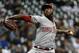 Sep 18, 2015; Milwaukee, WI, USA; Cincinnati Reds pitcher Aroldis Chapman (54) pitches in the ninth inning to pick up a save against the Milwaukee Brewers at Miller Park. The Reds beat the Brewers 5-3. Mandatory Credit: Benny Sieu-USA TODAY Sports