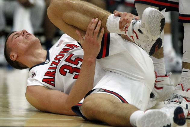 Arizona center Kaleb Tarczewski (35) reacts after an injury during the second half of an NCAA college basketball game against Santa Clara in the quarterfinals of the Wooden Legacy tournament in Fullerton, Calif., Thursday, Nov. 26, 2015. Arizona won 75-73 in overtime. (AP Photo/Alex Gallardo)