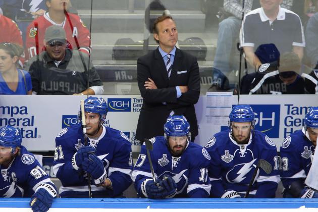 Jun 3, 2015; Tampa, FL, USA; Tampa Bay Lightning head coach Jon Cooper behind the bench in the first period in game one of the 2015 Stanley Cup Final against the Chicago Blackhawks at Amalie Arena. Mandatory Credit: Reinhold Matay-USA TODAY Sports