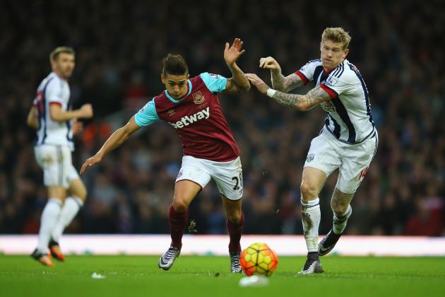 LONDON, ENGLAND - NOVEMBER 29:  James McClean of West Bromwich Albion and Manuel Lanzini of West Ham United battle for the ball during the Barclays Premier League match between West Ham United and West Bromwich Albion at Boleyn Ground on November 29, 2015 in London, England.  (Photo by Richard Heathcote/Getty Images)