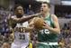 Boston Celtics' David Lee (42) goes to the basket against Indiana Pacers' Myles Turner (33) during the second half of an NBA basketball game Wednesday, Nov. 4, 2015, in Indianapolis. The Pacers won the game 100-98. (AP Photo/Darron Cummings)