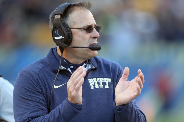 Nov 21, 2015; Pittsburgh, PA, USA; Pittsburgh Panthers head coach Pat Narduzzi gestures on the field against the Louisville Cardinals at Heinz Field. Mandatory Credit: Charles LeClaire-USA TODAY Sports