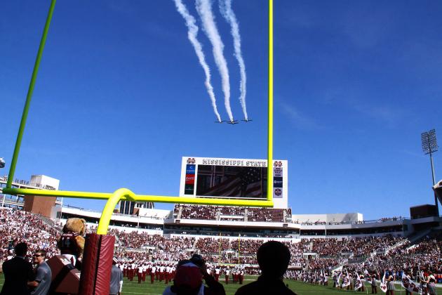 U.S. Army and Air Force jets fly over Davis Wade Stadium at Mississippi State University before their NCAA college football game against  Louisiana Tech in Starkville, Miss., Saturday, Oct. 17, 2015. (AP Photo/Jim Lytle)