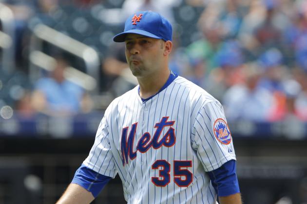 Jun 14, 2015; New York City, NY, USA; New York Mets starting pitcher Dillon Gee (35) reacts while leaving the game in the fourth inning against the Atlanta Braves at Citi Field. Mandatory Credit: Noah K. Murray-USA TODAY Sports