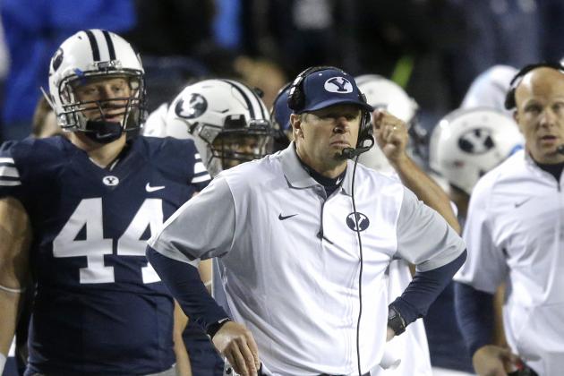BYU head coach Bronco Mendenhall looks on in the second half during an NCAA college football game against Connecticut Friday, Oct. 2, 2015, in Provo, Utah. BYU won 30-13. (AP Photo/Rick Bowmer)