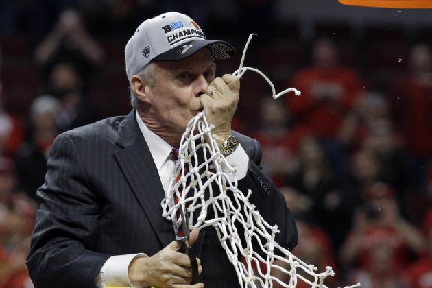 FILE - In this March 15, 2015, file photo, Wisconsin coach Bo Ryan kisses the net after Wisconsin won the Big Ten men's college basketball tournament in Chicago. Ryan has announced his retirement. The school sent out a release after the Badgers' 64-49 victory over Texas A&M-Corpus Christi on Tuesday night, Dec. 15, 2015. Assistant Greg Gard takes over as interim coach. (AP Photo/Nam Y. Huh, File)
