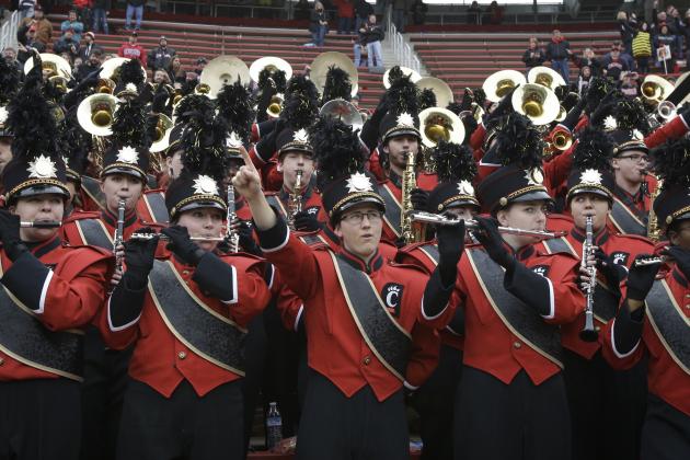 The Cincinnati Bearcats marching band plays after the second half of an NCAA college football game against UCF, Saturday, Oct. 31, 2015, in Cincinnati. Cincinnati won 52-7. (AP Photo/John Minchillo)