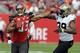 Tampa Bay Buccaneers wide receiver Vincent Jackson (83) stiff arms New Orleans Saints cornerback Brandon Browner (39) after a reception during the first quarter of an NFL football game Sunday, Dec. 13, 2015, in Tampa, Fla. The play was called back due a penalty. (AP Photo/Steve Nesius)