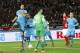 FC Barcelona’s Luis Suarez celebrates after scoring his third goal next to Guangzhou Evergrande FC goalkeeper Li Shuai (22) during their semifinal match at the FIFA Club World Cup soccer tournament in Yokohama, near Tokyo, Thursday, Dec. 17, 2015. (AP Photo/Shizuo Kambayashi)