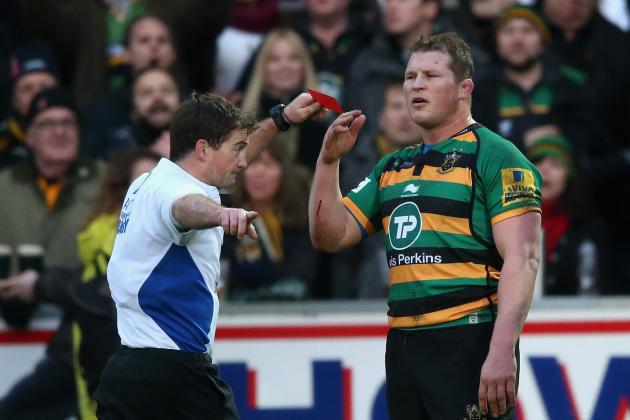 NORTHAMPTON, ENGLAND - DECEMBER 20: Northampton captain Dylan Hartley is shown the red card and sent off by referee JP Doyle during the Aviva Premiership match between Northampton Saints and Leicester Tigers at Franklin's Gardens on December 20, 2014 in Northampton, England. (Photo by David Rogers/Getty Images)