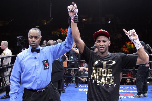 Rances Barthelemy, right, of Cuba, poses with referee Kenny Bayless  after winning a unanimous 10 round decision over Antonio DeMarco, of Mexico, during their Super Lightweight fight, Sunday, June 21, 2015, at the MGM Grand Garden Arena in Las Vegas.   (AP Photo/John Gurzinski)