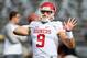 Oklahoma quarterback Trevor Knight (9) warms up before an NCAA college football game against Kansas State in Manhattan, Kan., Saturday, Oct. 17, 2015. (AP Photo/Nati Harnik)