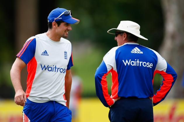 PIETERMARITZBURG, SOUTH AFRICA - DECEMBER 20: Coach Trevor Bayliss with Alastair Cook of England during day one of the tour match between South Africa A and England at City Oval on December 20, 2015 in Pietermaritzburg, South Africa. (Photo by Julian Finney/Getty Images)