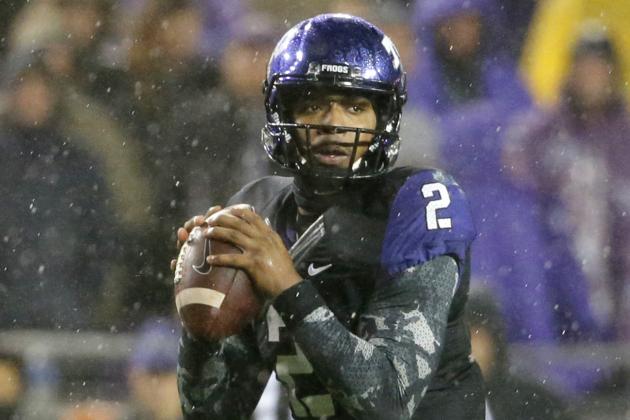 TCU quarterback Trevone Boykin prepares to pass against Baylor during the first half of an NCAA college football game Friday, Nov. 27, 2015, in Fort Worth, Texas. (AP Photo/Tony Gutierrez)