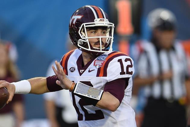 SHREVEPORT, LA - DECEMBER 26: Michael Brewer #12 of the Virginia Tech Hokies looks to pass against the Tulsa Golden Hurricane during the first half of the Camping World Independence Bowl on December 26, 2015 in Shreveport, Louisiana. (Photo by Stacy Revere/Getty Images)