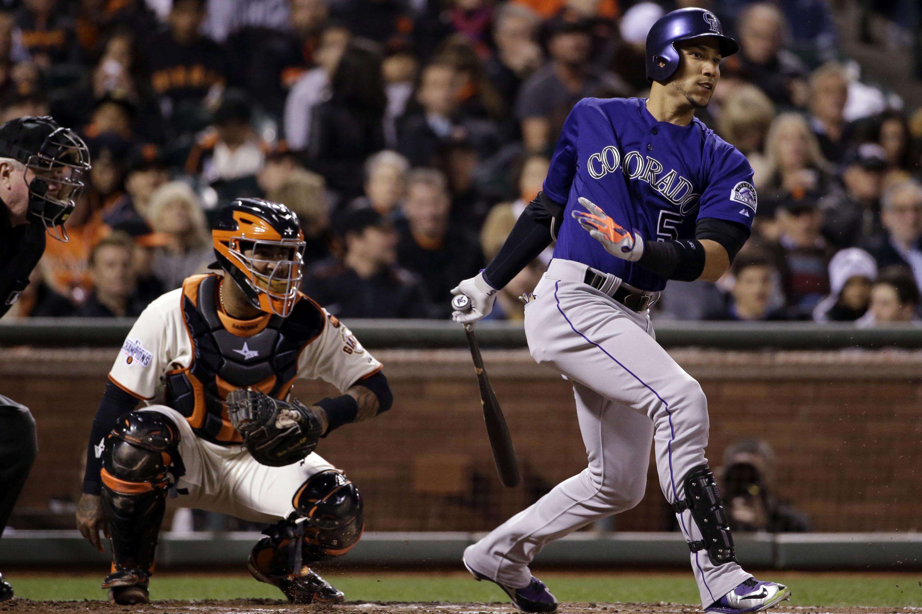 Giants' Hunter Pence, Brandon Belt, Nori Aoki, Gregor Blanco