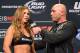 LOS ANGELES, CA - FEBRUARY 27: Ronda Rousey (L) is interviewed by Joe Rogan during the UFC 184 weigh-in at the Event Deck and LA Live on February 27, 2015 in Los Angeles, California. (Photo by Josh Hedges/Zuffa LLC/Zuffa LLC via Getty Images)