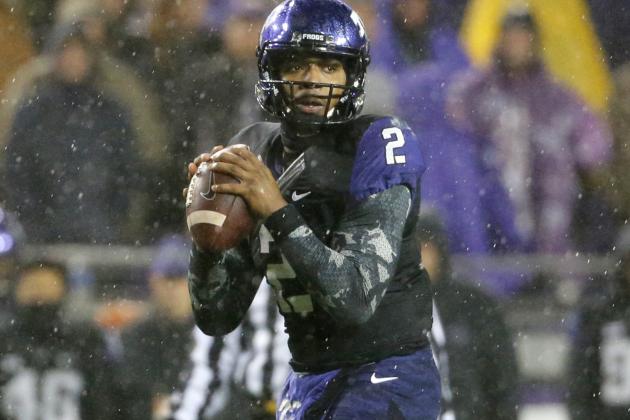TCU quarterback Trevone Boykin prepares to pass against Baylor during the first half of an NCAA college football game Friday, Nov. 27, 2015, in Fort Worth, Texas. (AP Photo/Tony Gutierrez)