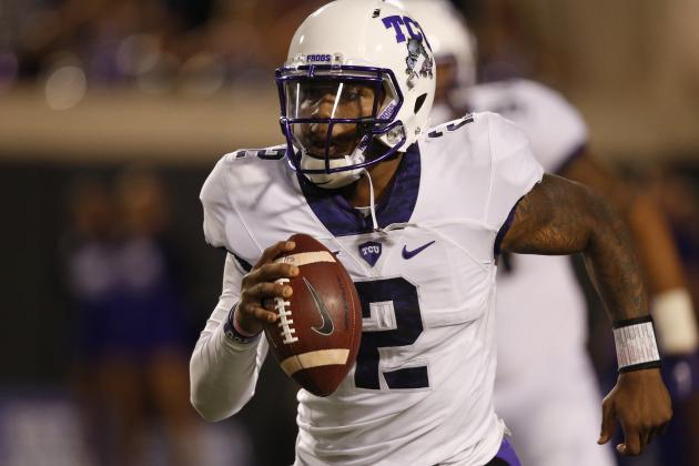 TCU quarterback Trevone Boykin (2) carries during an NCAA college football game between TCU and Oklahoma State in Stillwater, Okla., Saturday, Nov. 7, 2015. Oklahoma State won 49-29. (AP Photo/Sue Ogrocki)