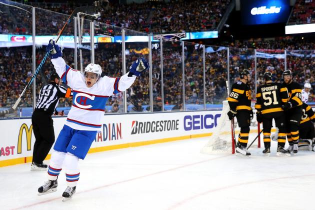 FOXBORO, MA - JANUARY 01:  Brendan Gallagher #11 of the Montreal Canadiens celebrates scoring his team's third goal against the Boston Bruins in the second period during the 2016 Bridgestone NHL Winter Classic at Gillette Stadium on January 1, 2016 in Foxboro, Massachusetts.  (Photo by Maddie Meyer/Getty Images)
