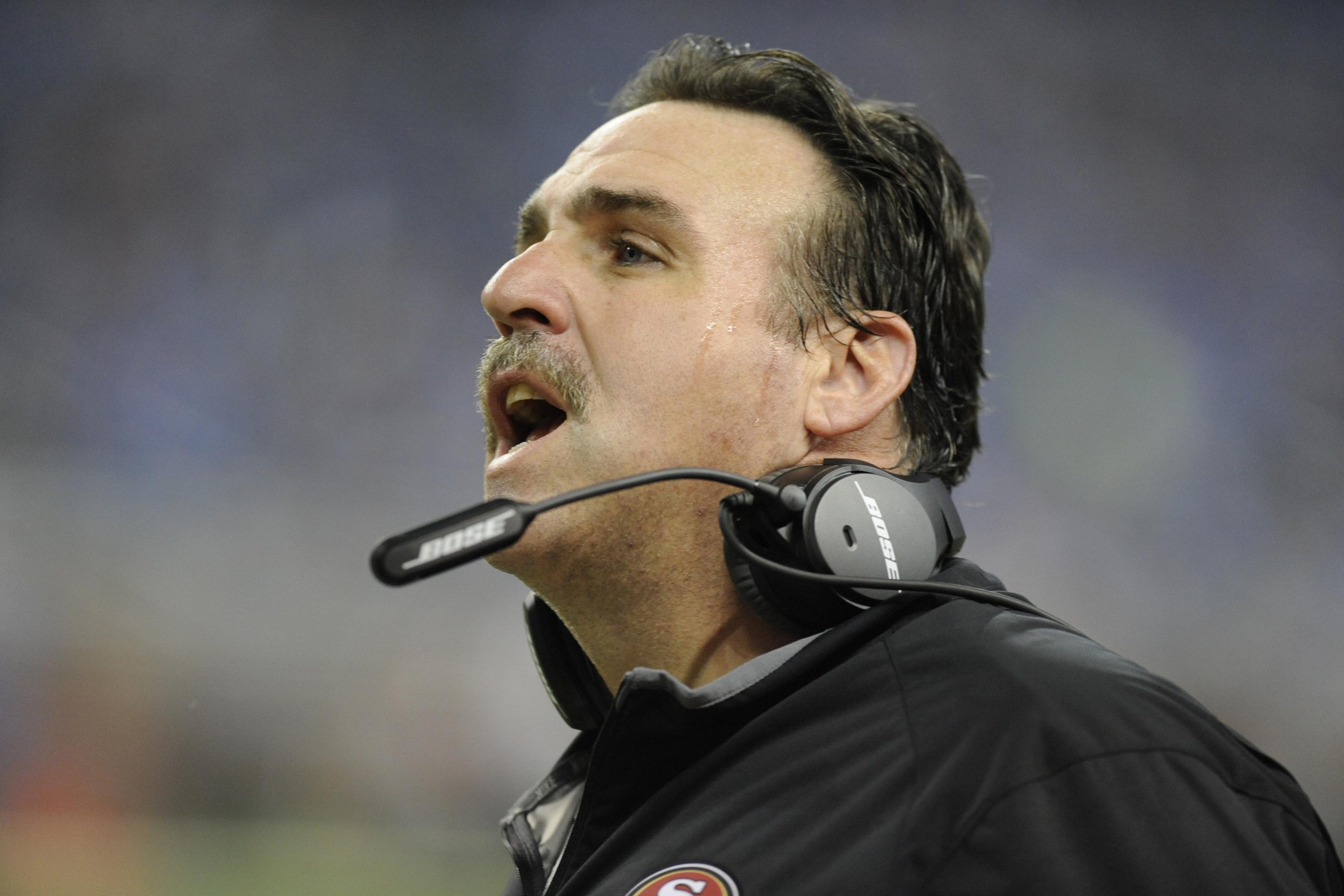 San Francisco 49ers President Jed York listens to Defensive line coach Jim  Tomsula, who was promoted to serve as interim head coach, during a press  conference at the 49ers headquarters on Monday